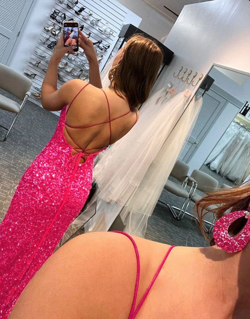 Mermaid Glitter Sequins Sexy Hot Pink Backless Long Prom Dress