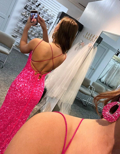 Mermaid Glitter Sequins Sexy Hot Pink Backless Long Prom Dress