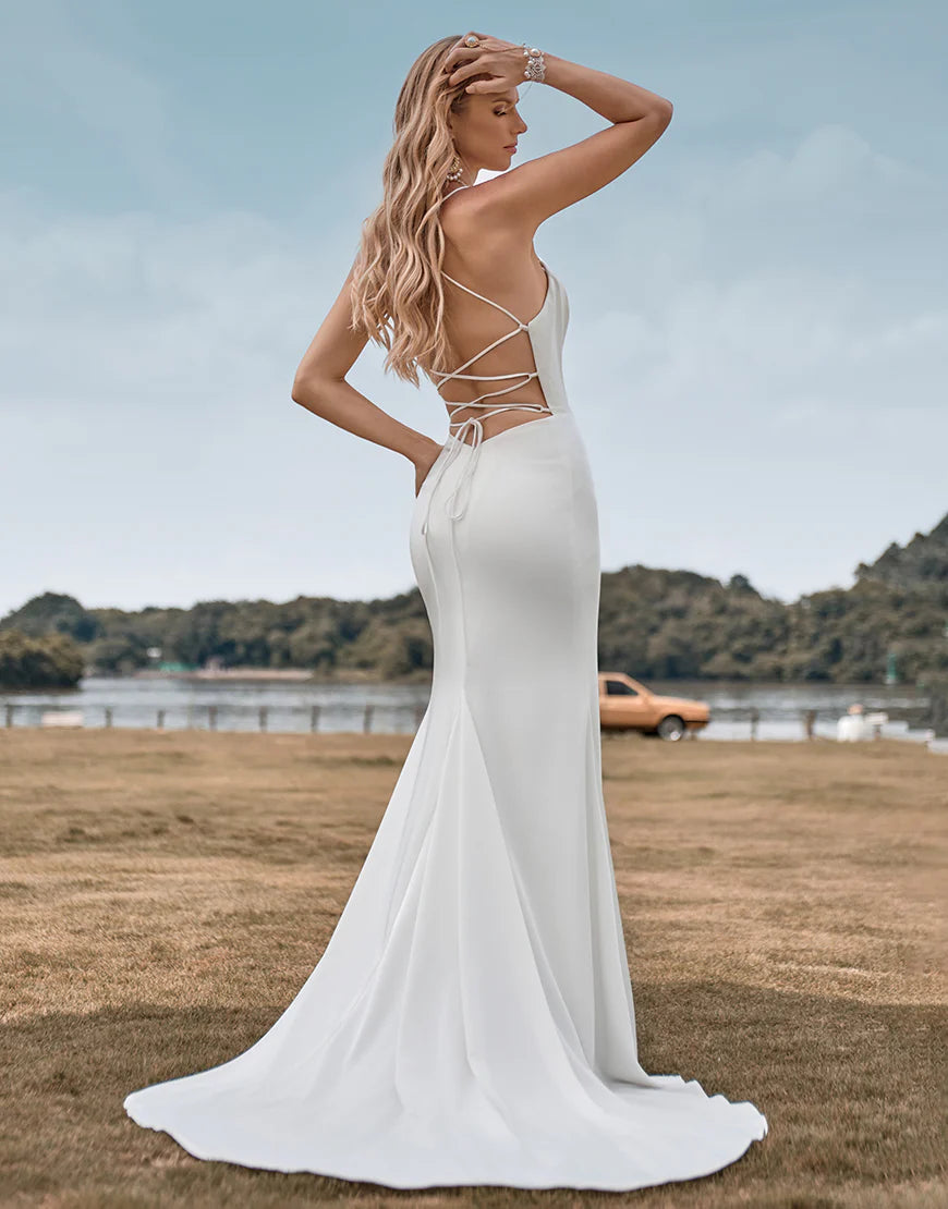 Mermaid Cowl Neck Simple Sweep Train Wedding Dress