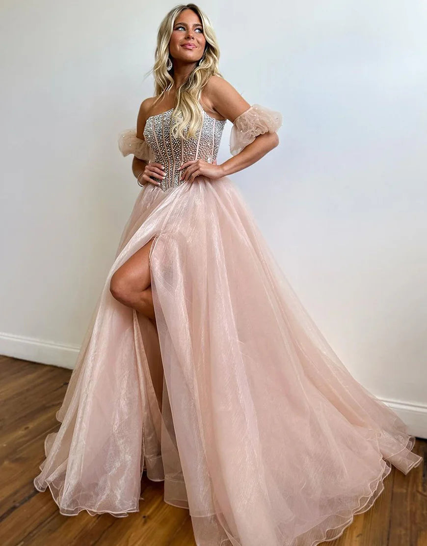 A Line Off The Shoulder Sequins Long Prom Dress