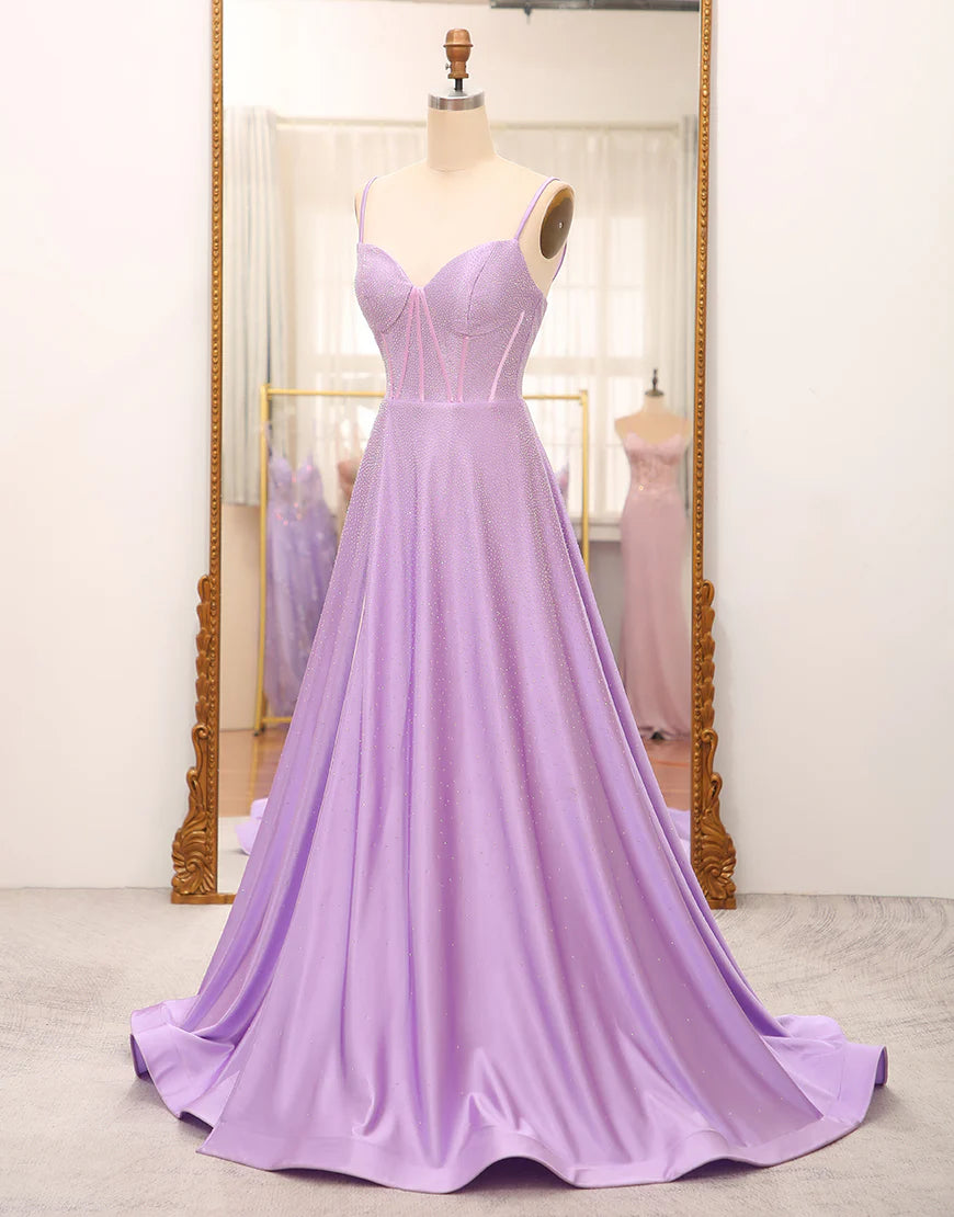Sparkly Lilac A-Line Corset Prom Dresses with Rhinestones