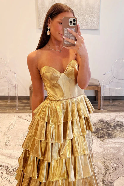 Metallic  Sweetheart Ruffle Tiered Prom Dress