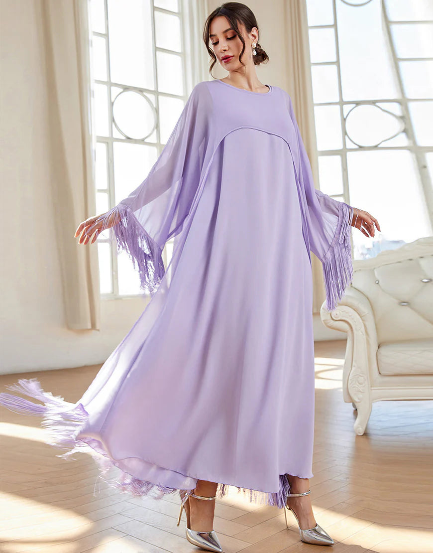 Boat Neck Fringes Lilac Formal Dress with Cape