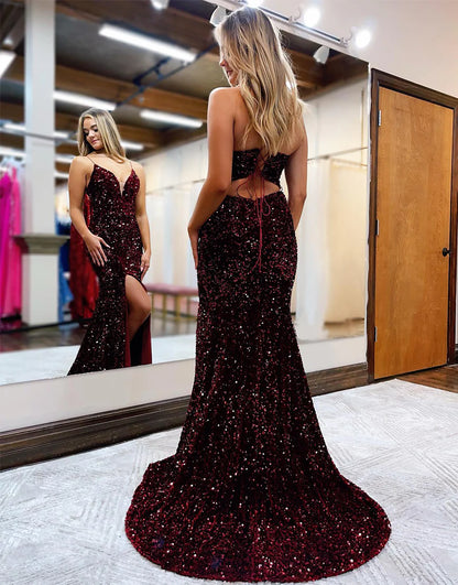 Sequin Side Slit Long Prom Dress