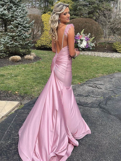 Spaghetti Straps Mermaid Long Prom Dress With Feathers