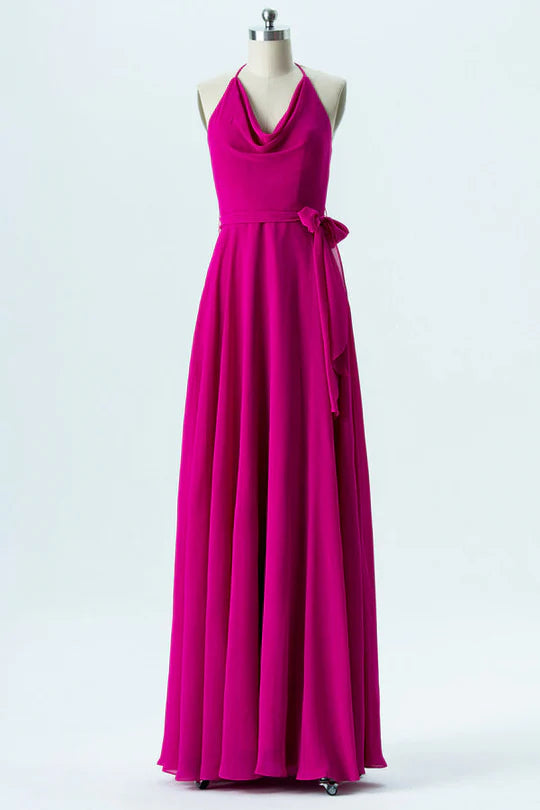 Neon Pink Halter Cowl Neck Unique design Bridesmaid Dress