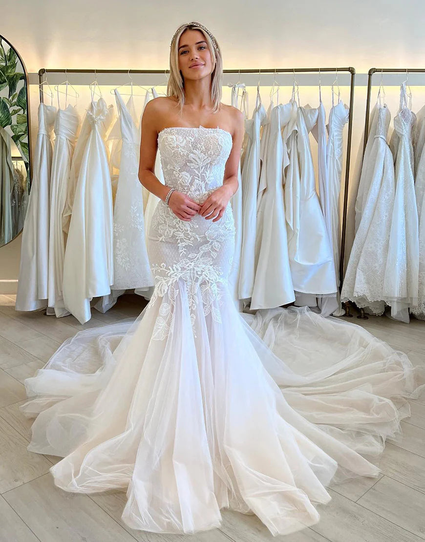 Mermaid Strapless Tulle Long Wedding Dresses with Appliques
