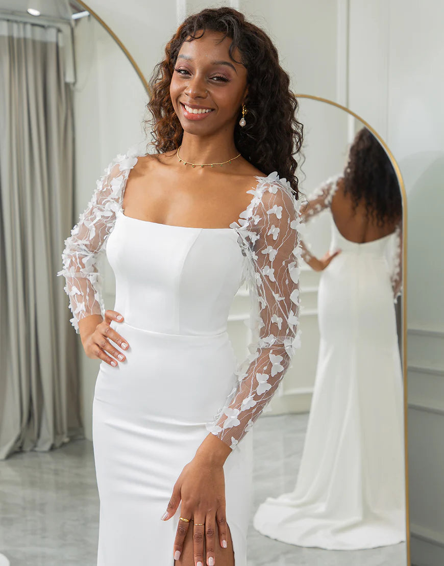Mermaid Backless Butterflies Wedding Dress With Slit