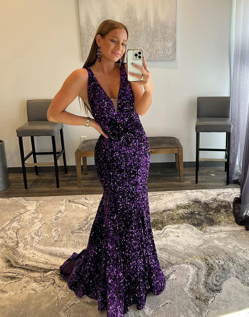 Light Blue Sequin Mermaid Long Prom Dress