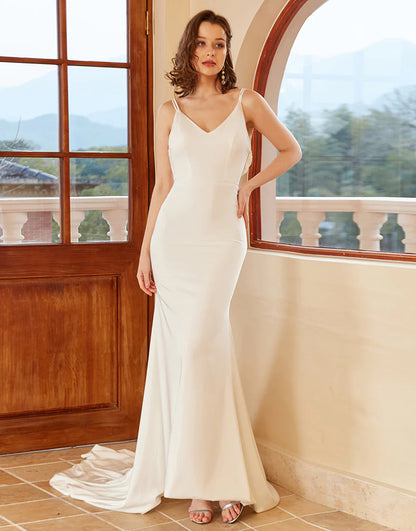 Mermaid Spaghetti Straps White Wedding Dress with Button