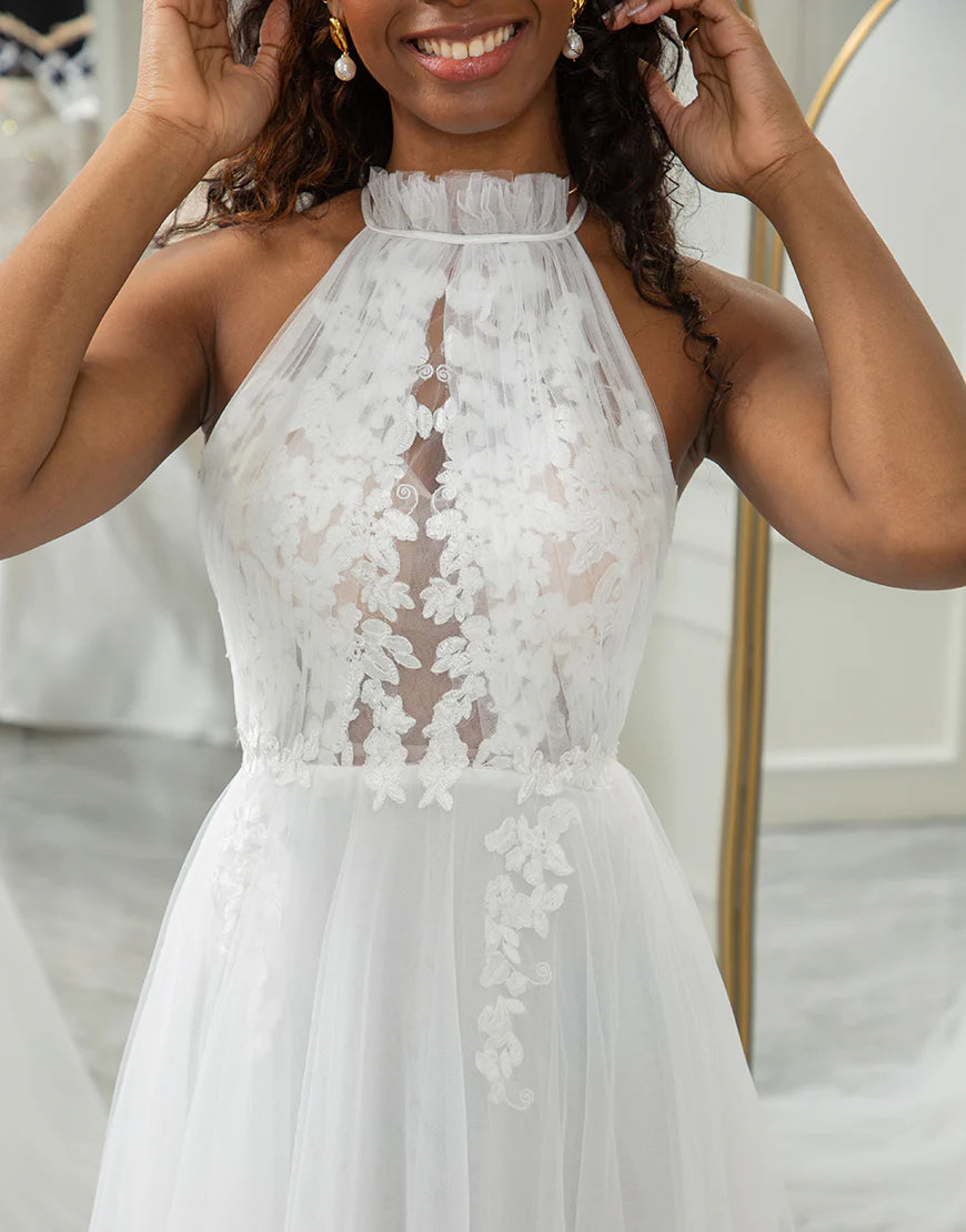 A Line Halter Open Back Wedding Dress