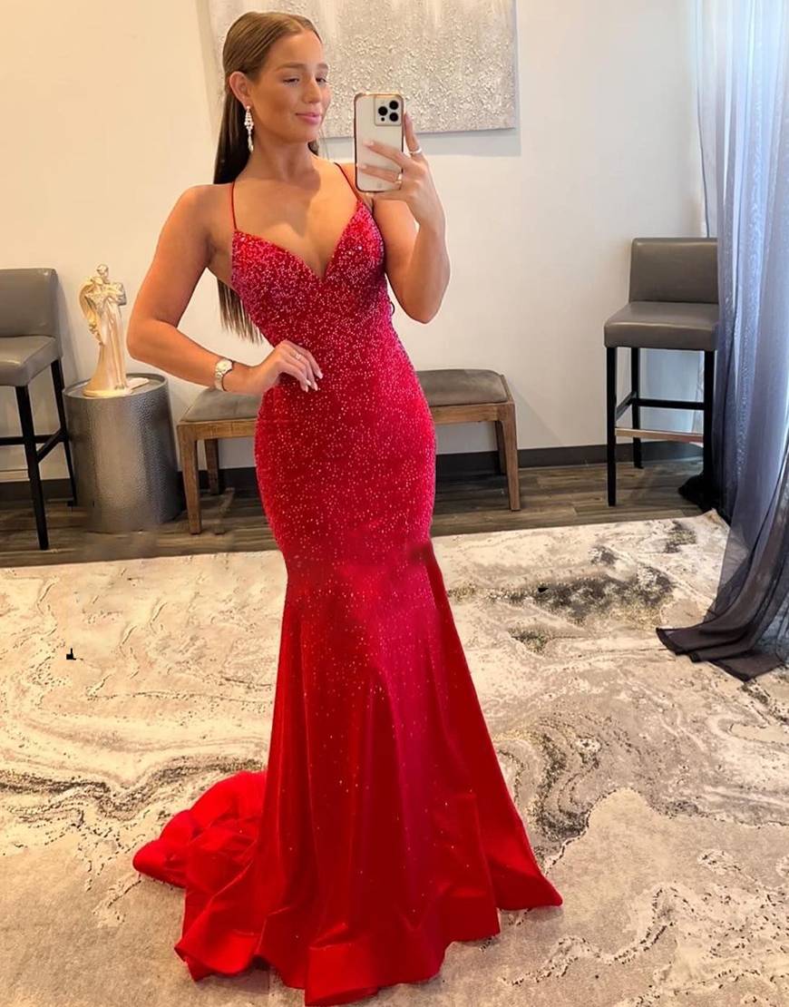 V-neck Beaded Mermaid Long Corset Prom Dress