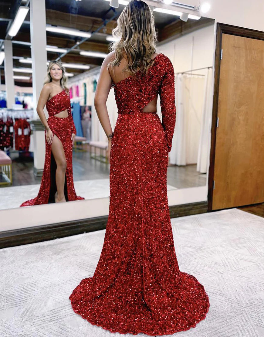 Split Sequin Prom Dress with Sleeves