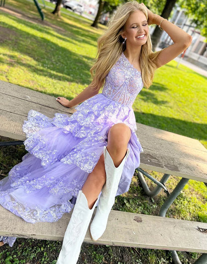 Sparkly Navy One Shoulder Tiered Lace Long Prom Dress With Slit