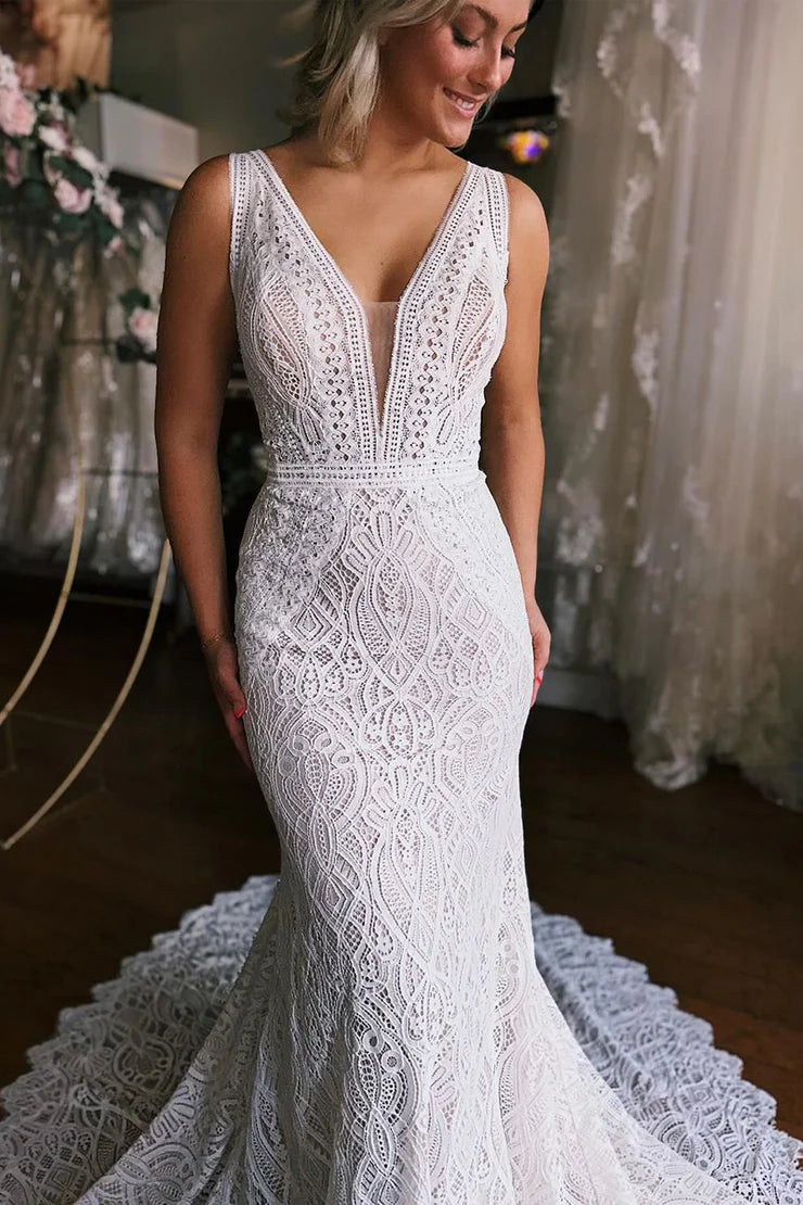 Elegant Mermaid Plunge V Lace Backless Wrap The Buttocks Wedding Dresses with Train