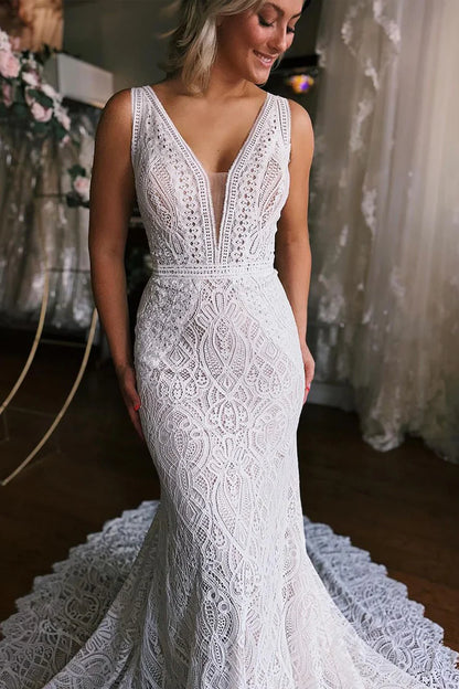 Elegant Mermaid Plunge V Lace Backless Wrap The Buttocks Wedding Dresses with Train
