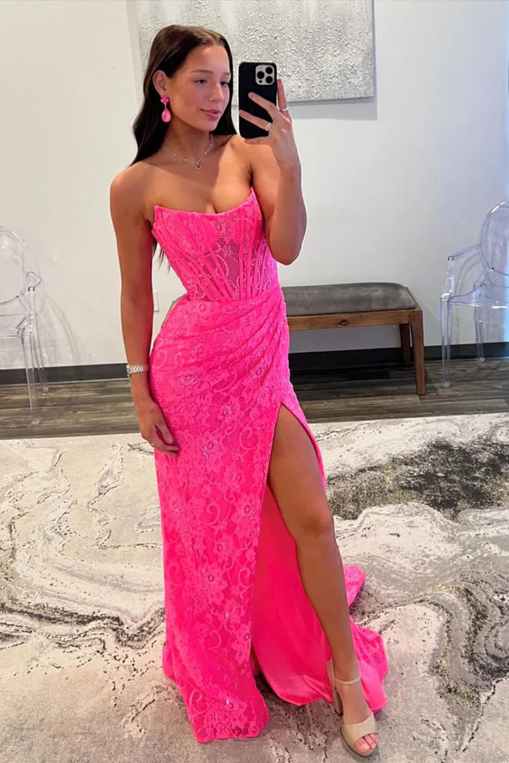 Cute Mermaid Scoop Neck Off-the-Shoulder Hot Pink Lace Long Prom Dress with Slit