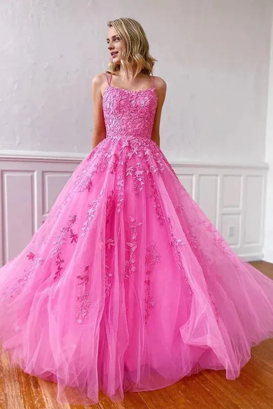 Sweet Ball Gown Scoop Neck Spaghetti Strap Hot Pink Tulle Prom Dresses with Appliques