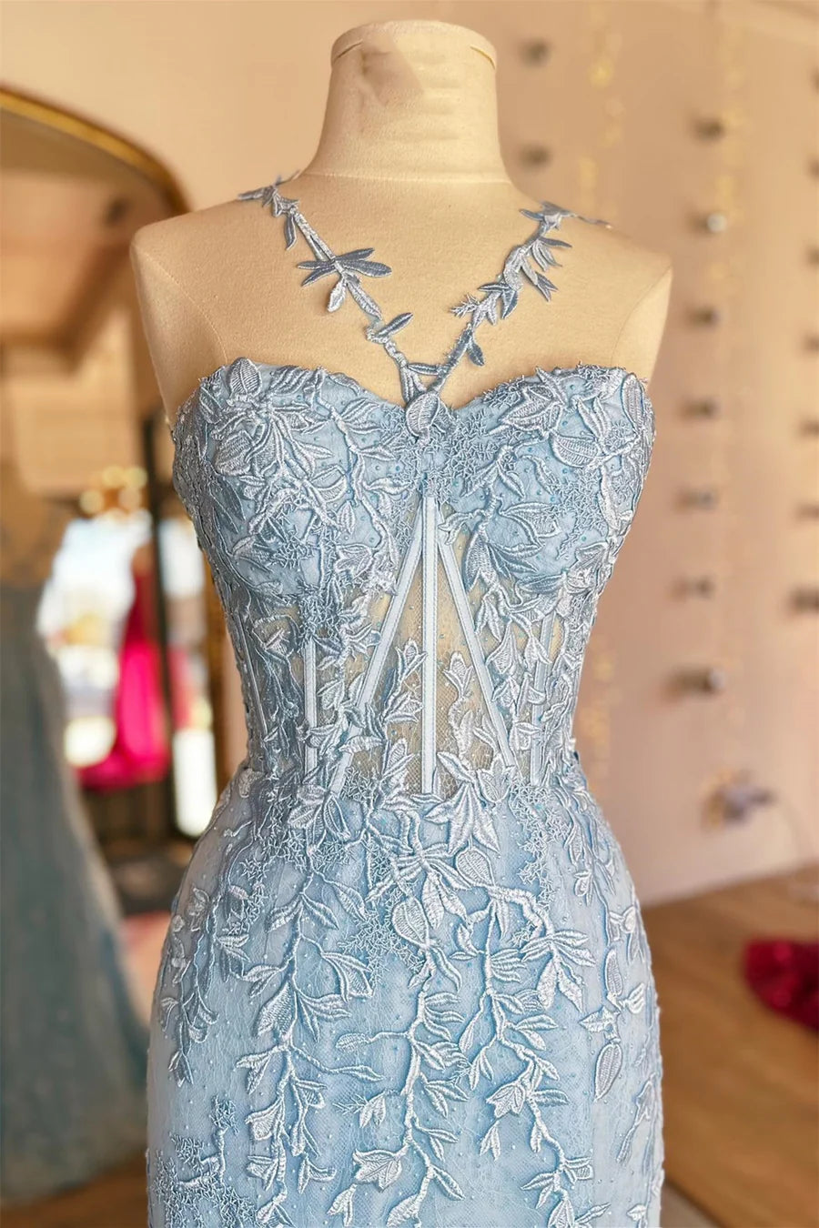 Halter Flower Straps Appliques Mermaid Long Prom Dress