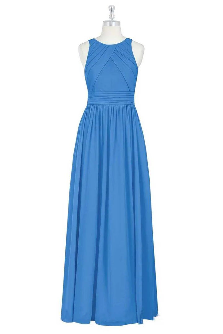 Blue Crew Neck Sleeveless A-Line Pleats Long Maid of Honor Dress