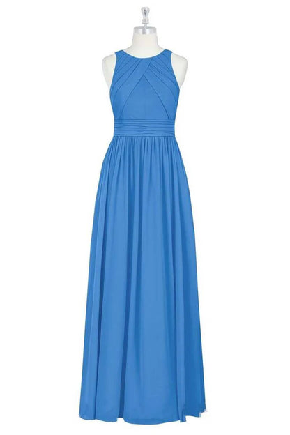 Blue Crew Neck Sleeveless A-Line Pleats Long Maid of Honor Dress