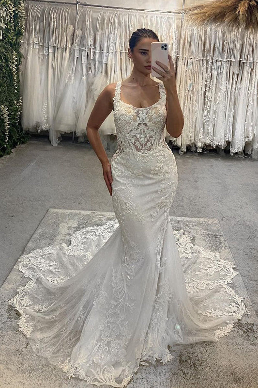 Charming Mermaid Square Neck Lace Wrap The Buttocks Long Wedding Dresses with Appliques