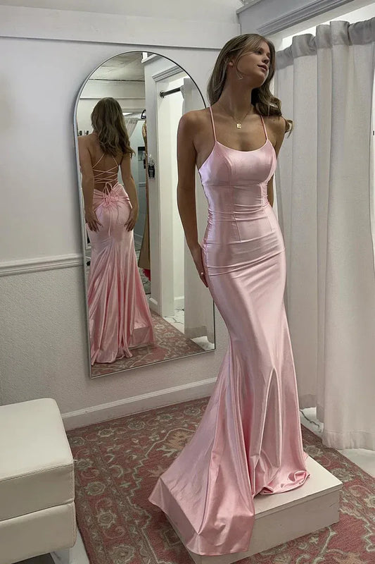 Cute Mermaid Scoop Neck Spaghetti Strap Pink Satin Lace-Up Back Long Prom Dress