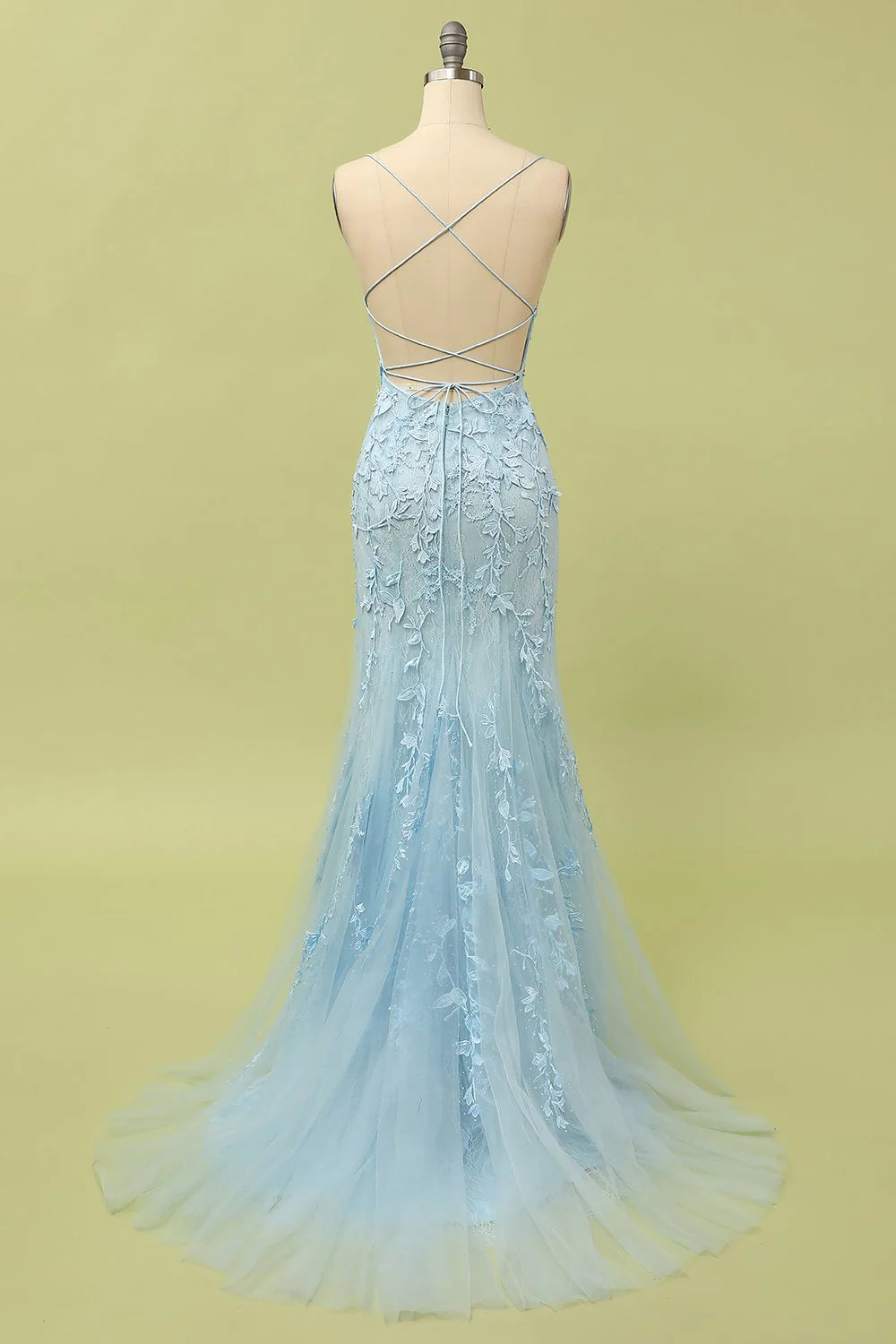 Mermaid Spaghetti Straps Light Pink Tulle Slim-fit Long Prom Dress with Appliques