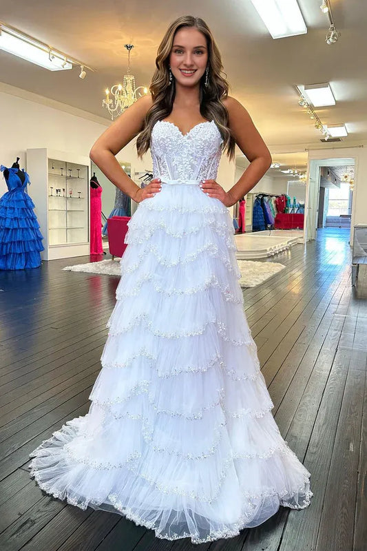 Charming A Line Sweetheart White Spaghetti Strap Tulle Long Prom Dresses with Beading