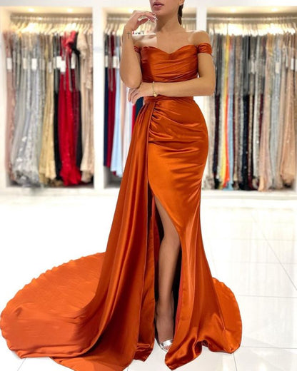Sheath Mermaid Off-the-Shoulder Sweep/Brush Train Dresses Satin Long Evening Dress With Slit