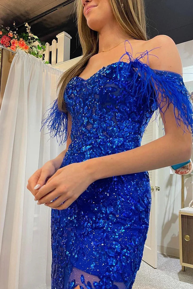 Charming Sparkly Mermaid Sweetheart Royal Blue Sequins Long Prom Dresses with Feather