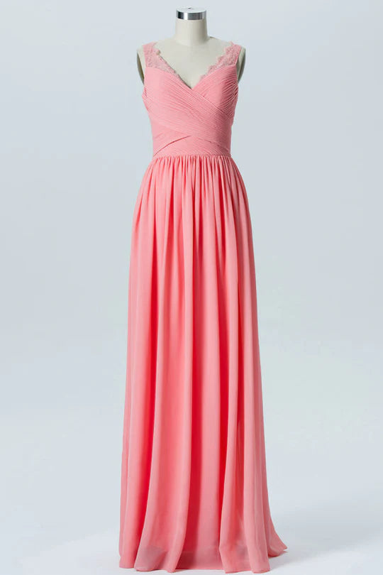 Pink V-Neck Classic fit Chiffon Lace Straps Pleats Bridesmaid Dress