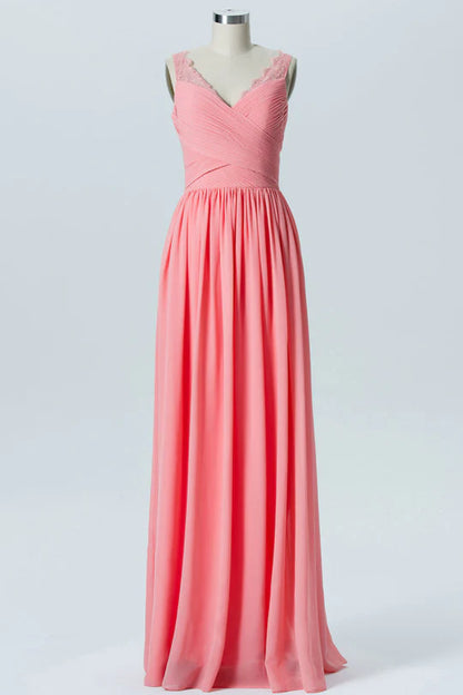 Pink V-Neck Classic fit Chiffon Lace Straps Pleats Bridesmaid Dress