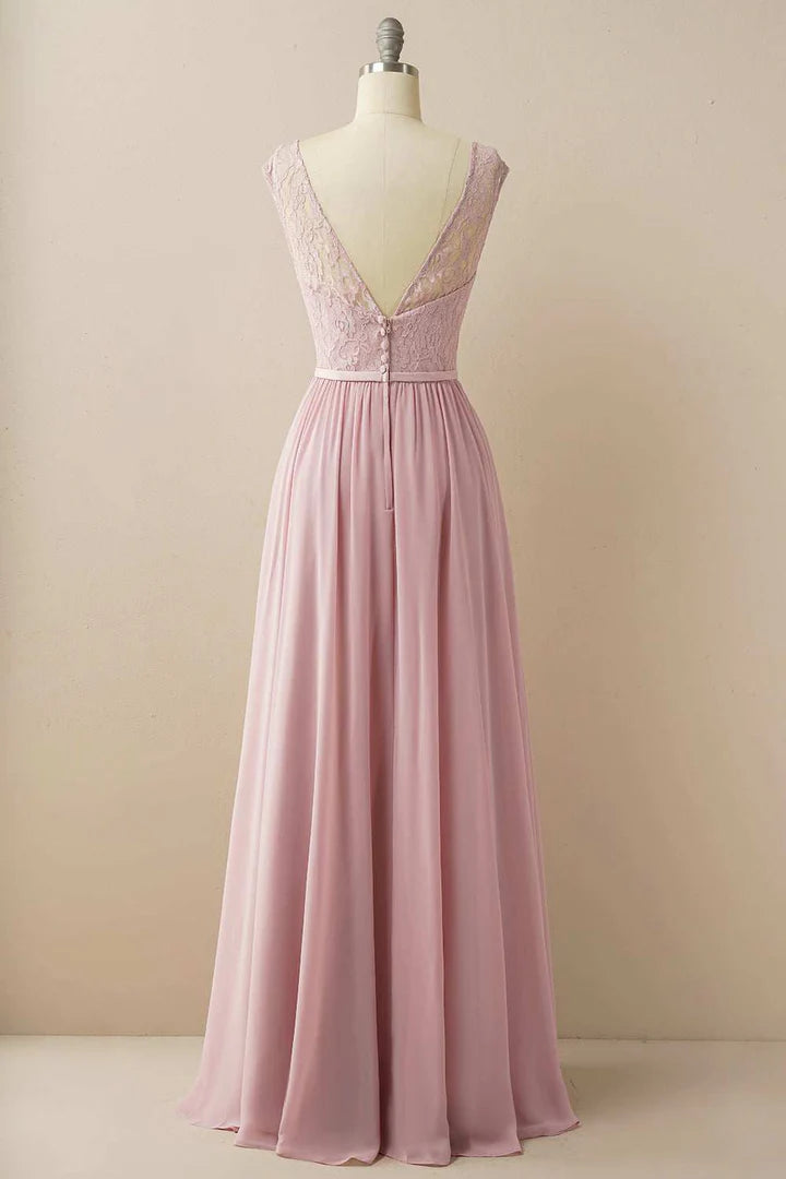 Blush Lace Round neck Sleeveless Backless Pleated Bridesmaid Dress ﻿