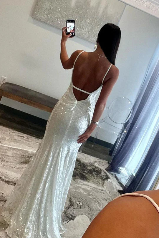 Cute Mermaid V Neck Spaghetti Strap White Sequins Long Prom Dress with Appliques