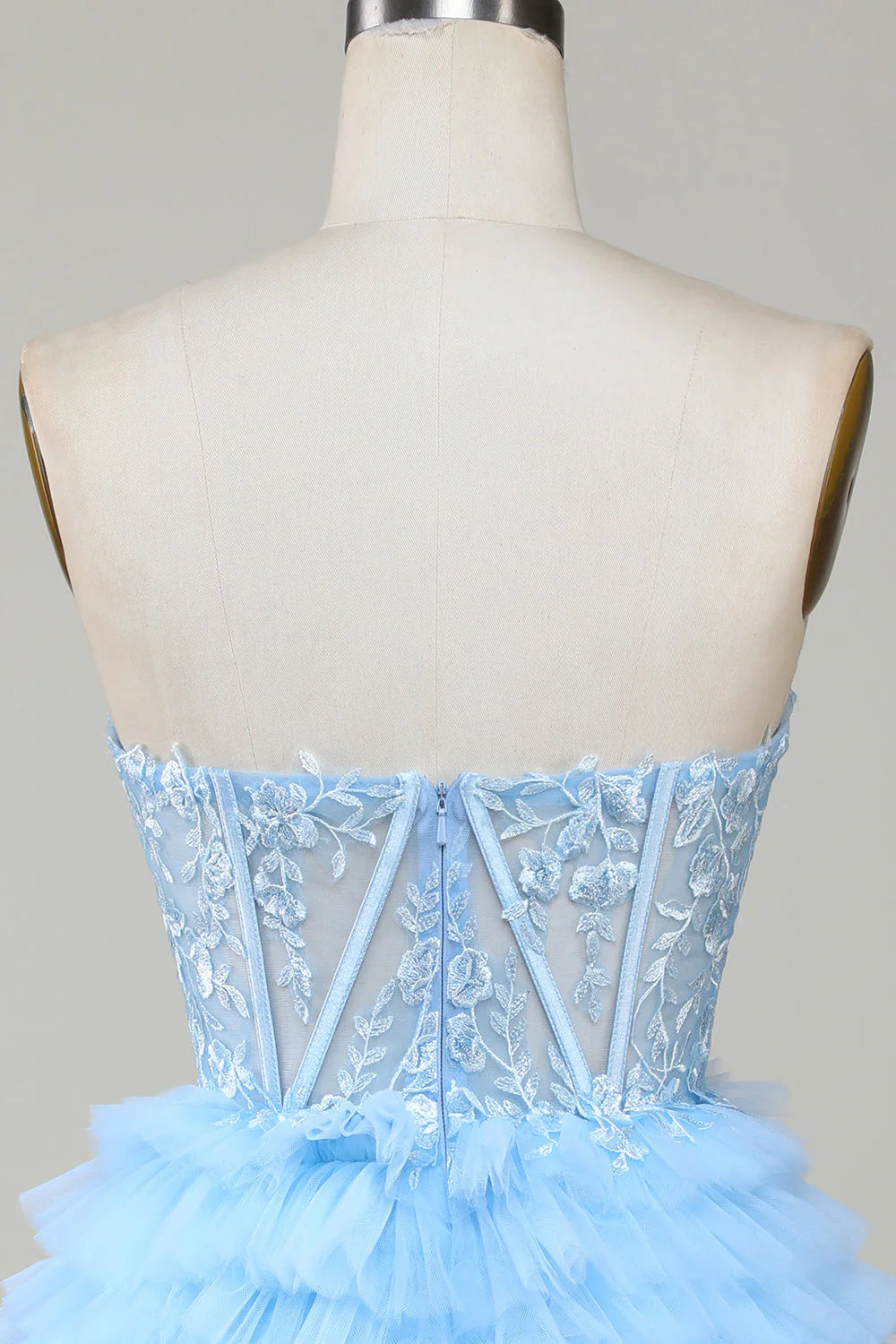 Blue Corset Off-the-Shoulder Cute Applique Tiered Homecoming Dress with Ruffles