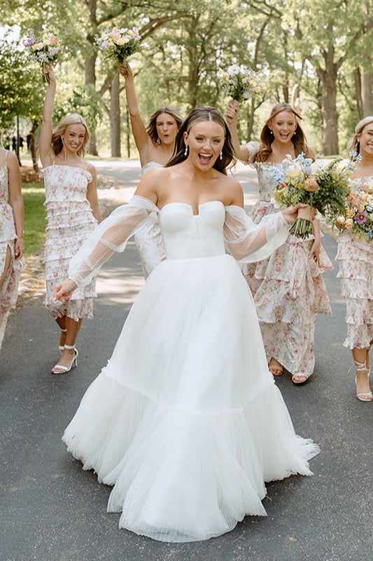 Fairy A Line Off-the-Shoulder Sweetheart White Tulle Long Wedding Dresses