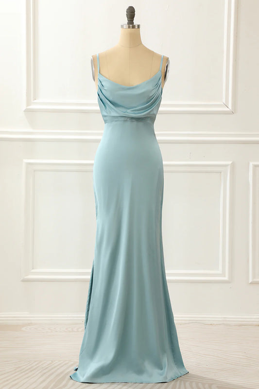 Satin Spaghetti Straps Round Neck Blue Split Fork Simple Prom Dress