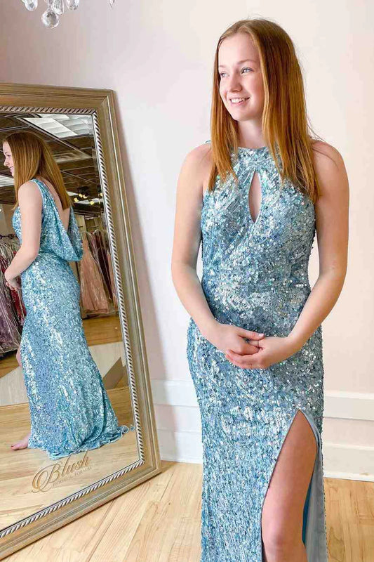Sequin Cowl Back Mermaid Long Prom Dress