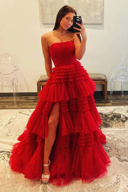 Strapless A-Line Tiered Tulle Prom Dress with Slit