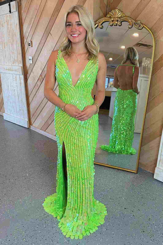 V-Neck Sequin Long Prom Dress with Slit