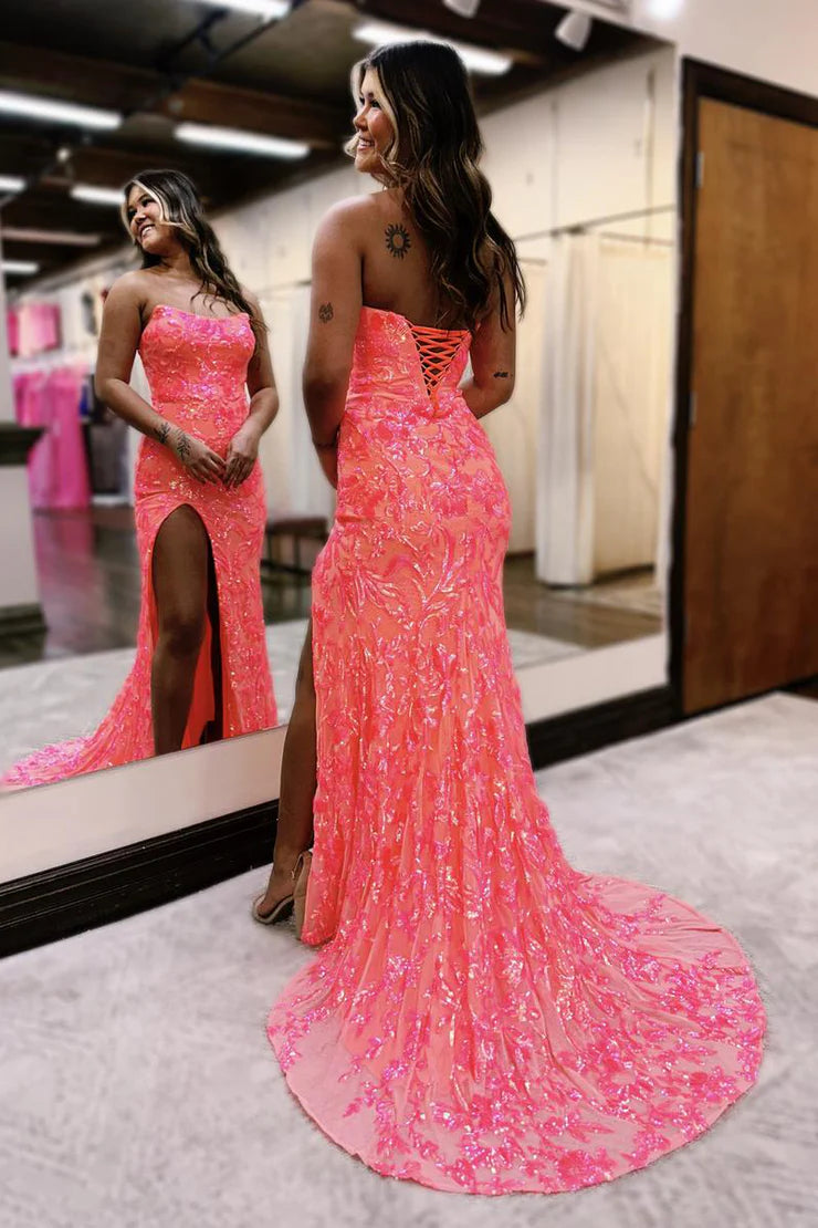 Cute Mermaid Strapless Off-the-Shoulder Coral Sequins Long Prom Dress with Slit