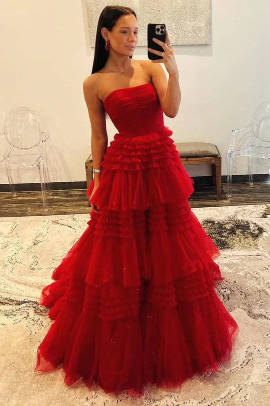 Strapless A-Line Tiered Tulle Prom Dress with Slit