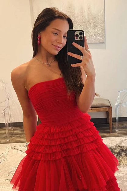 Strapless A-Line Tiered Tulle Prom Dress with Slit
