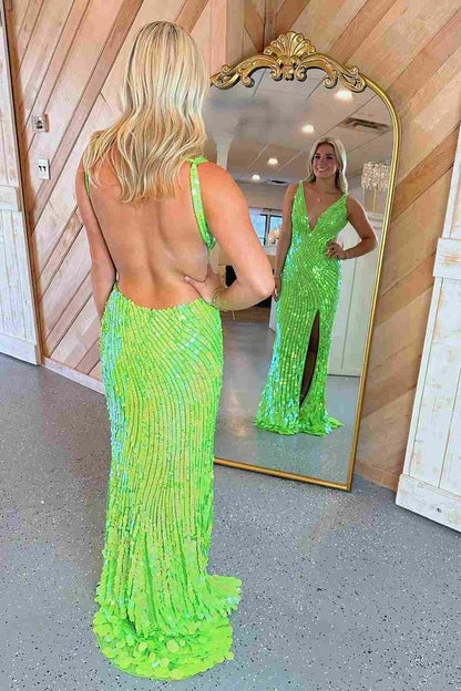 V-Neck Sequin Long Prom Dress with Slit