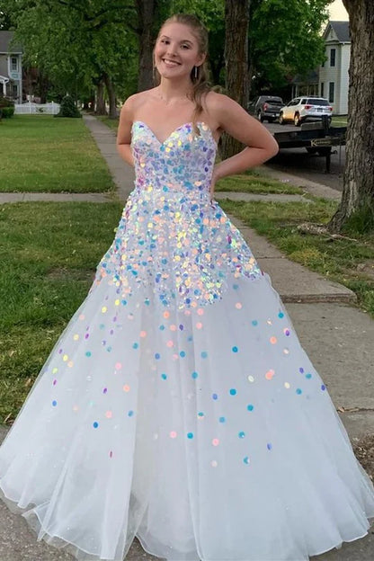 Tulle Strapless Prom Gown with Round Sequins