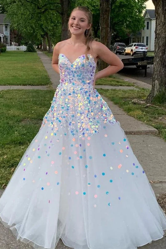 Tulle Strapless Prom Gown with Round Sequins