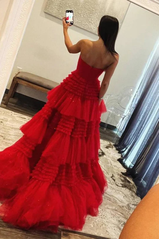 Strapless A-Line Tiered Tulle Prom Dress with Slit