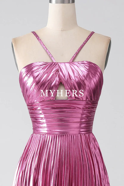 Formal Wear Dresses Charming A-Line Spaghetti Straps Pleated Side Fork Backless Sparkly Prom Dress