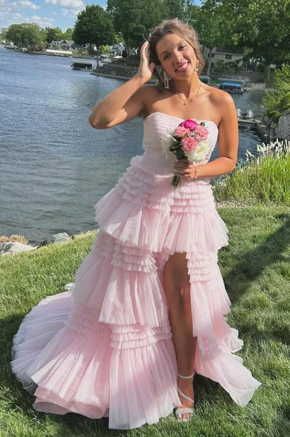 Strapless A-Line Tiered Tulle Prom Dress with Slit